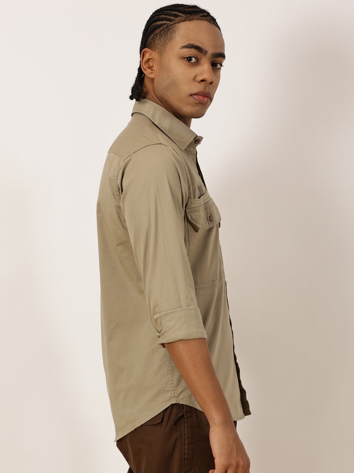 Double Pocket Stretchable Beige Cargo Shirt