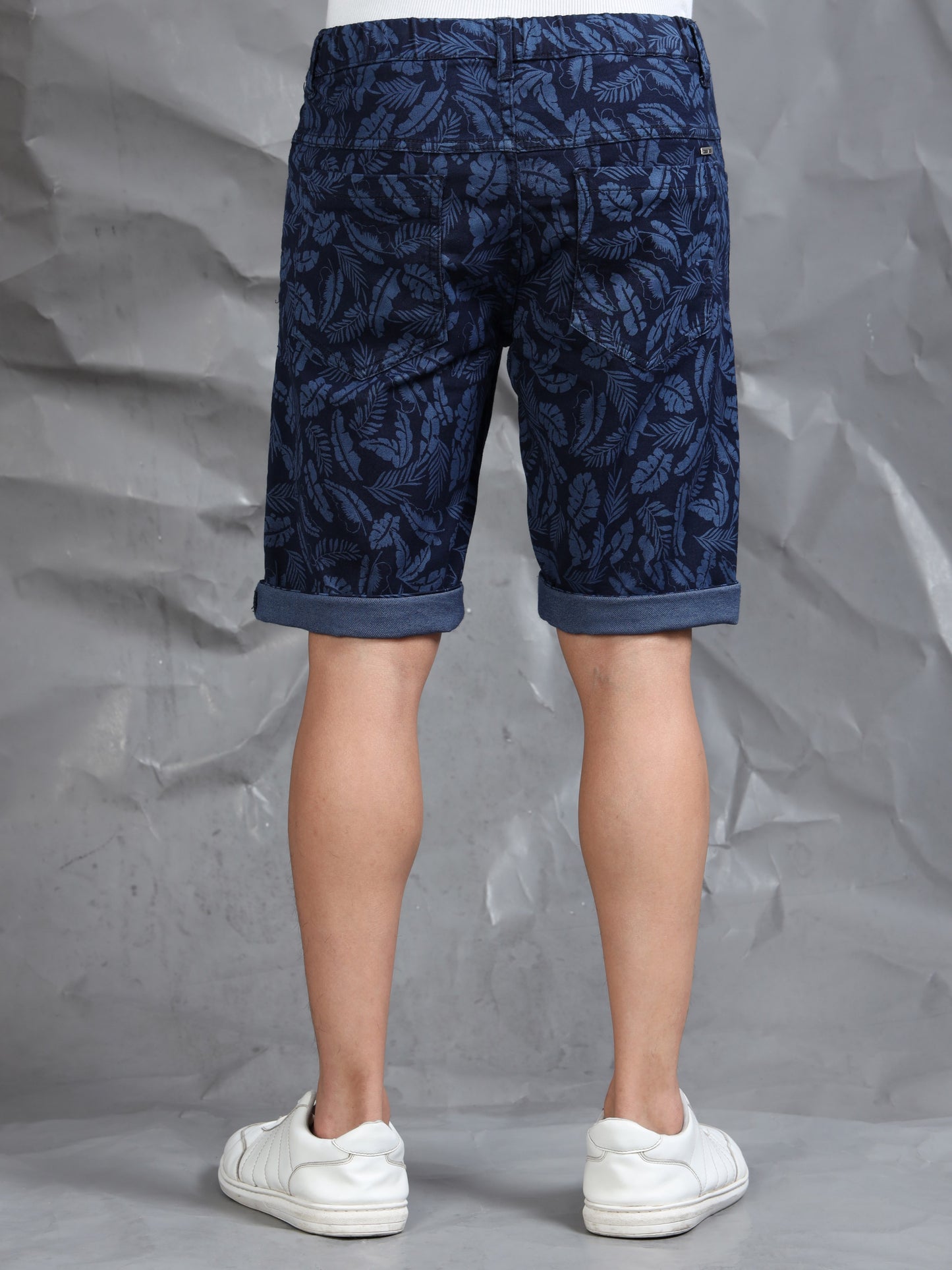 Men's Indigo Printed Cotton Lycra Mid-Rise Casual Shorts