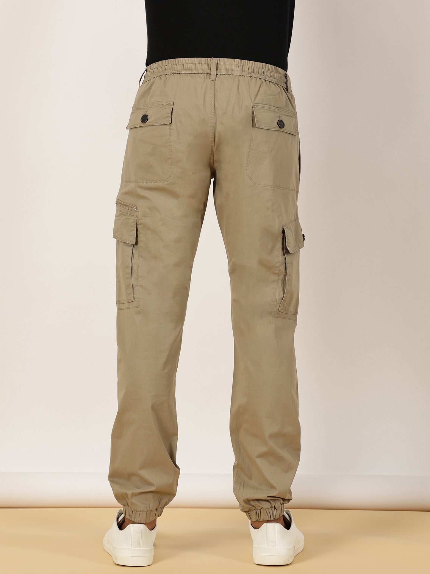 Elasticated Waist Zip Pocket Stretchable Beige Jogger Cargo