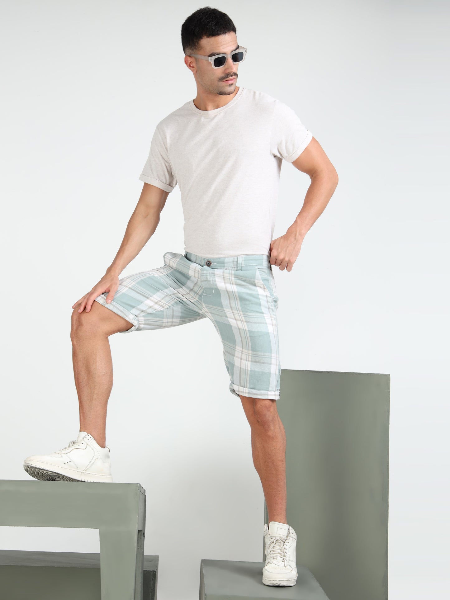 Green Yarn Dyed Cotton Checkered Shorts.