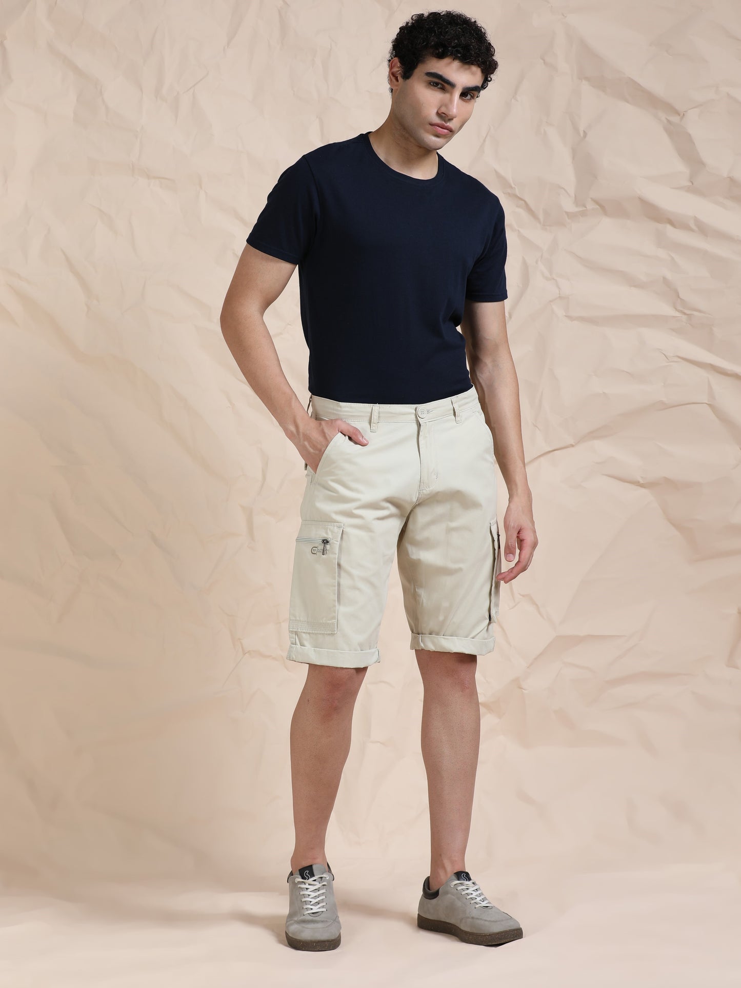 Solid Beige Cotton Shorts