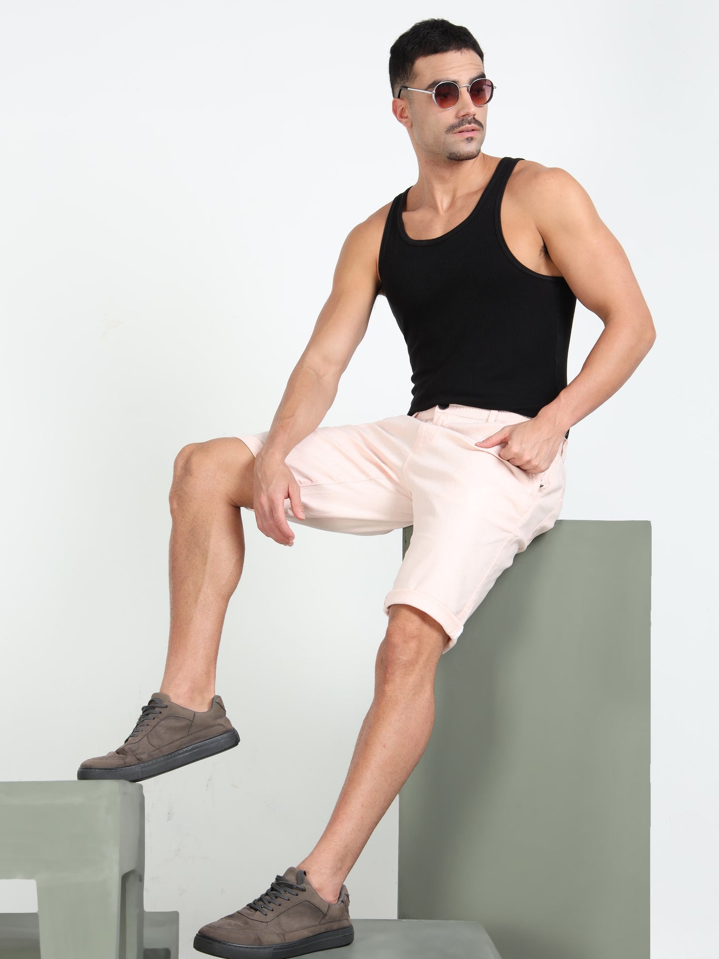 Light Pink Cotton Lycra Solid Shorts