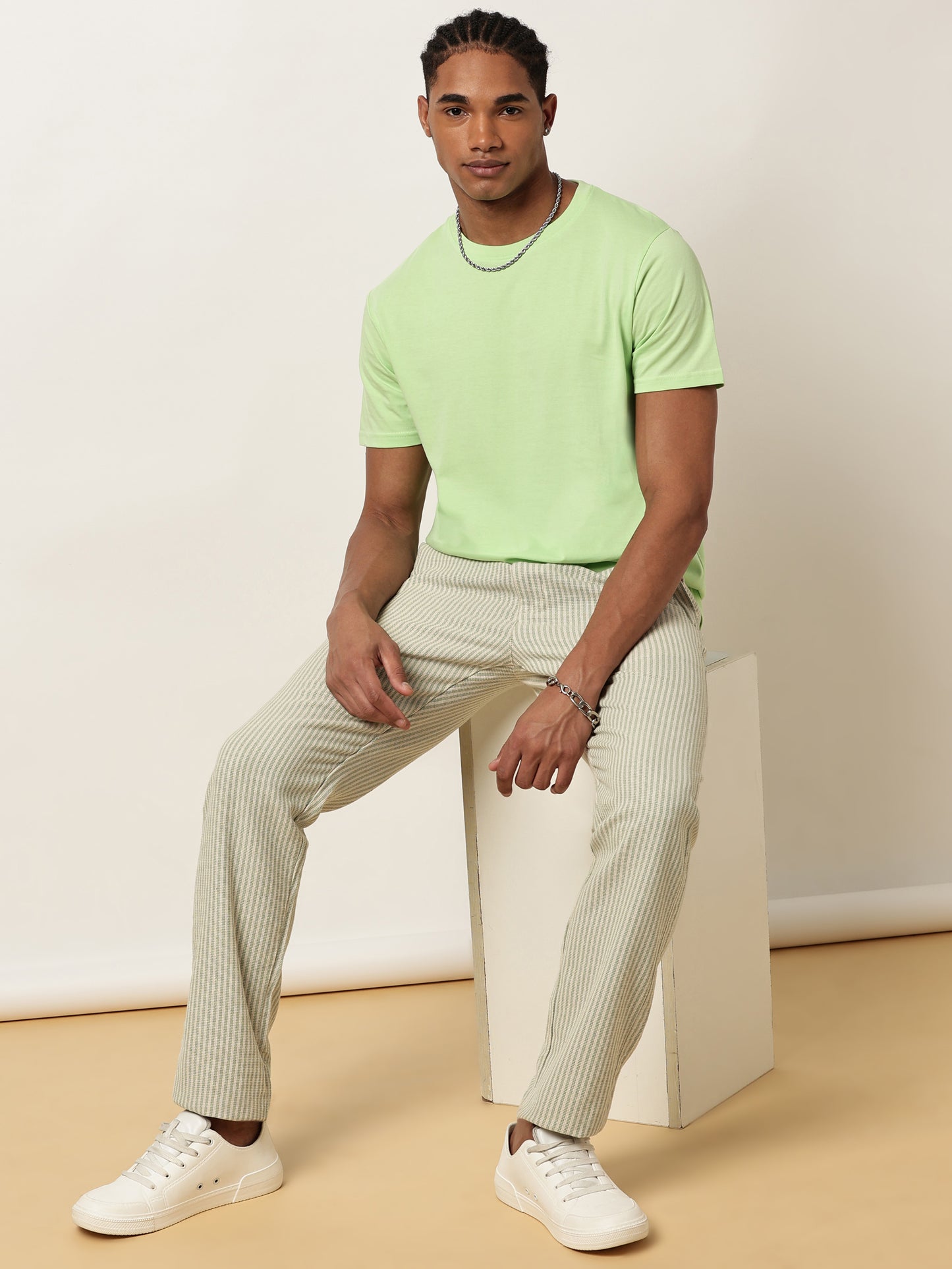 Yarn Dyed Stripe Elasticated Waist Green Lounge Pants