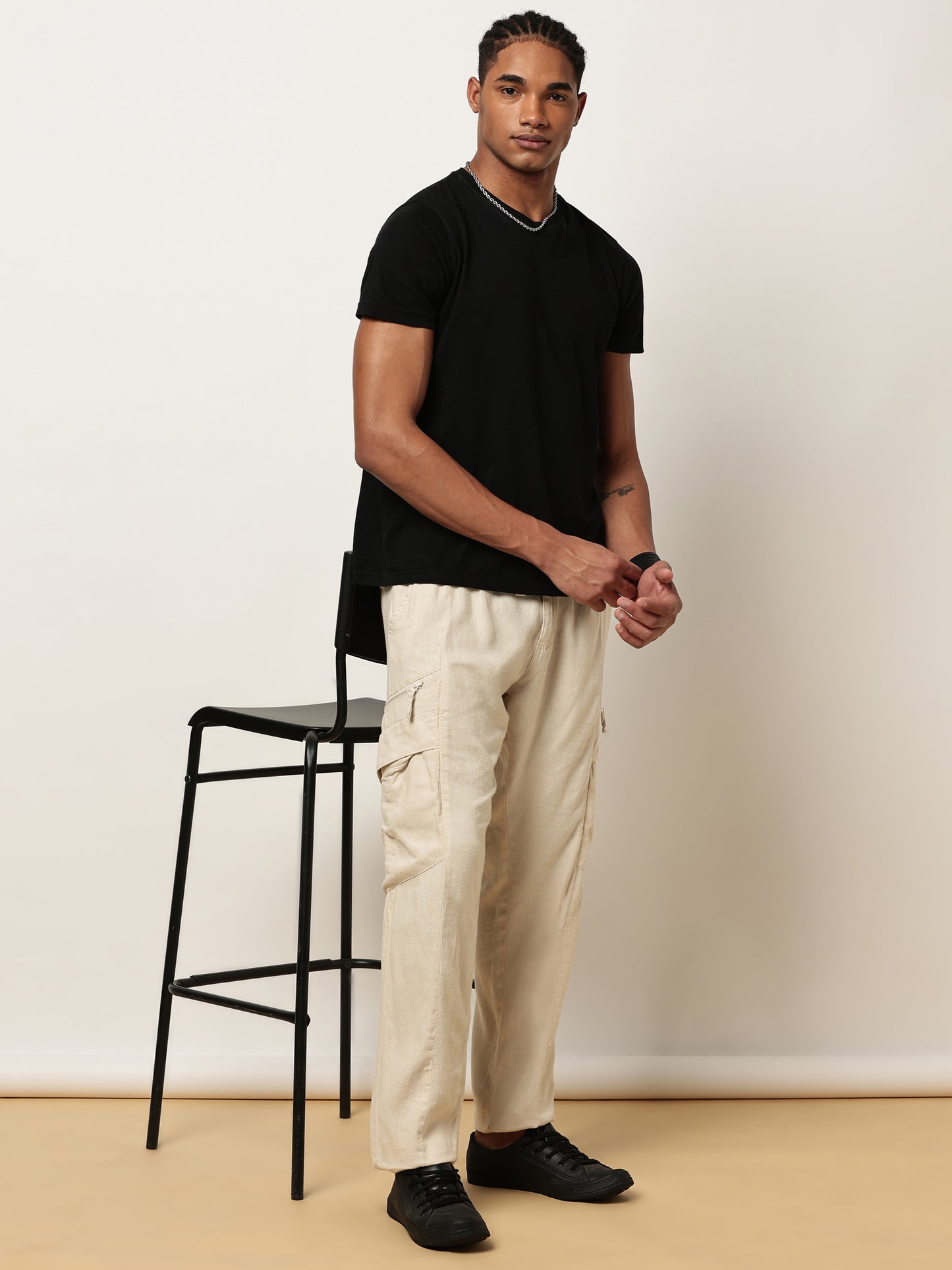 Linen Elasticated Waist Zip Pocket Black Lounge Pants