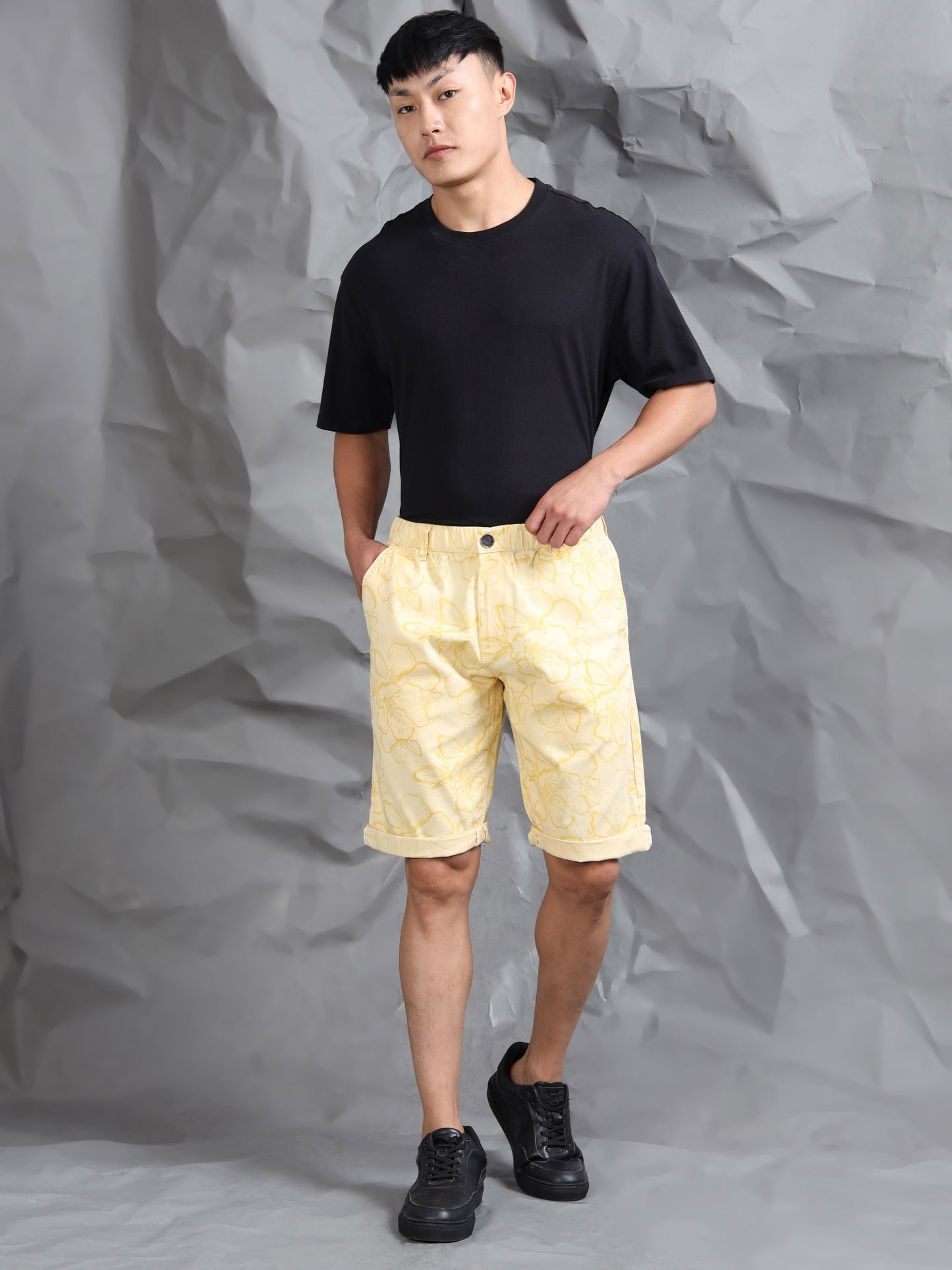 Cotton Lycra Casual Light Yellow Printed Shorts