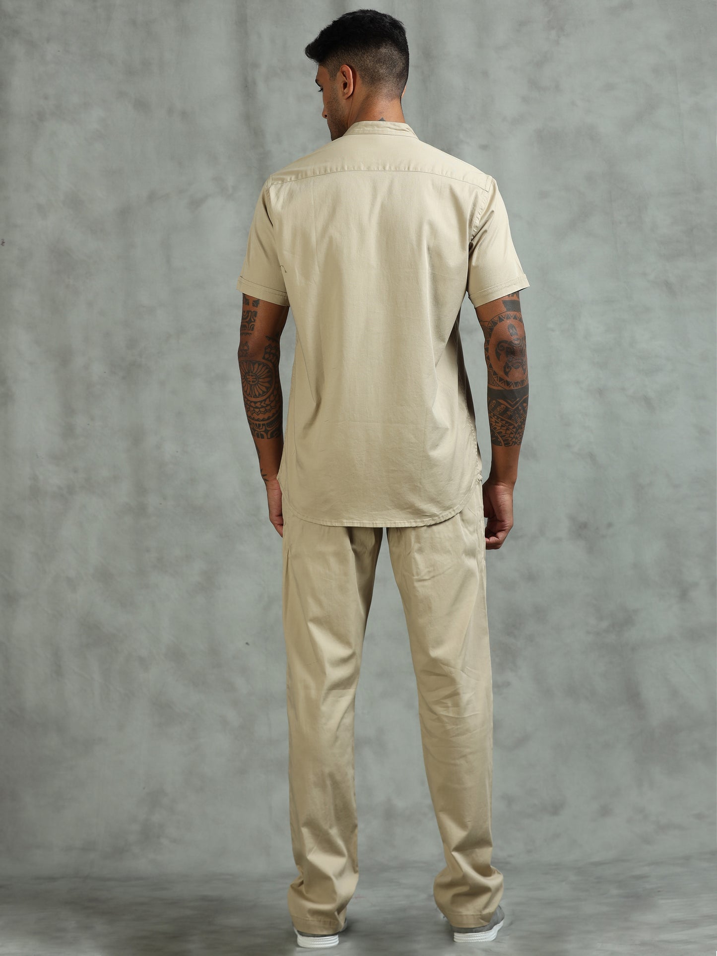 Beige Regular Fit Half Sleeve Solid Casual Co-ord Sets