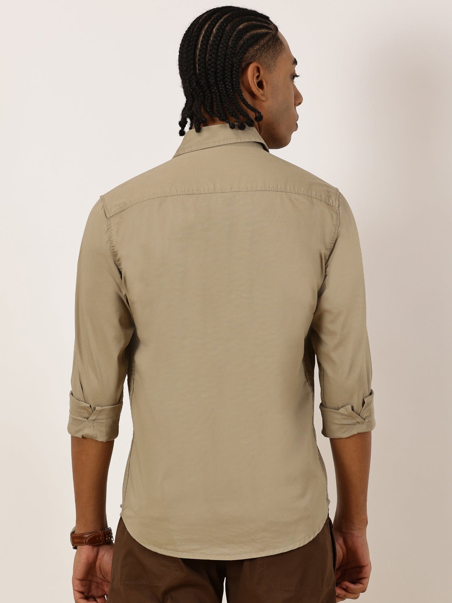 Double Pocket Stretchable Beige Cargo Shirt