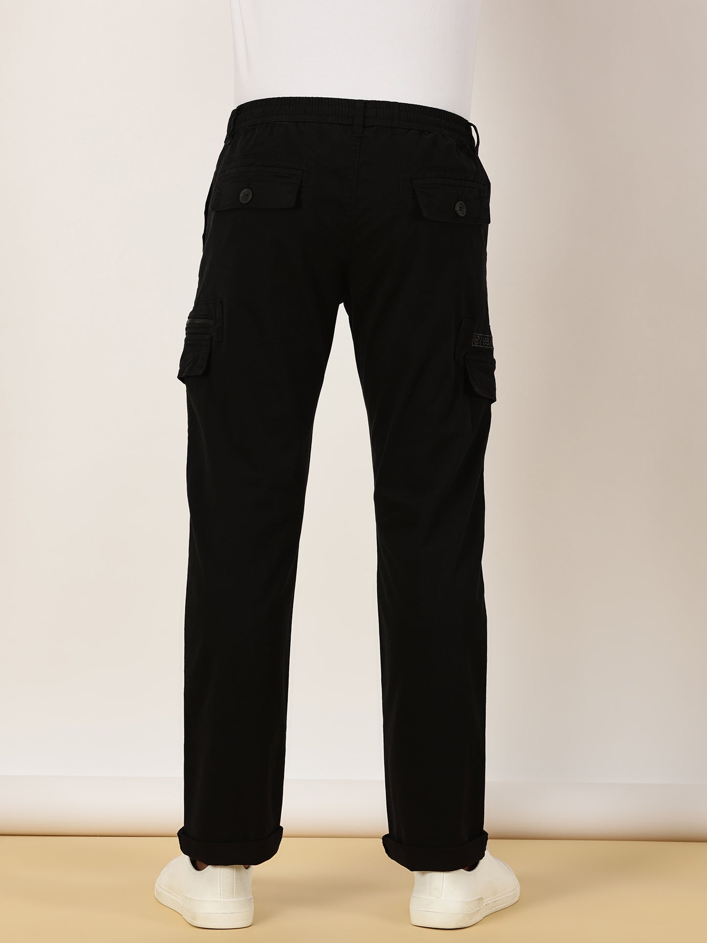 Elasticated Waist Multi Pocket Stretchable Black Cargo