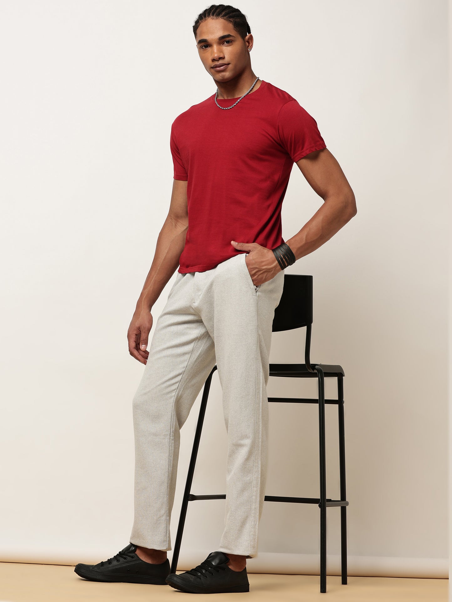 Yarn Dyed Elasticated  Waist Zip Pocket Beige Lounge Pants