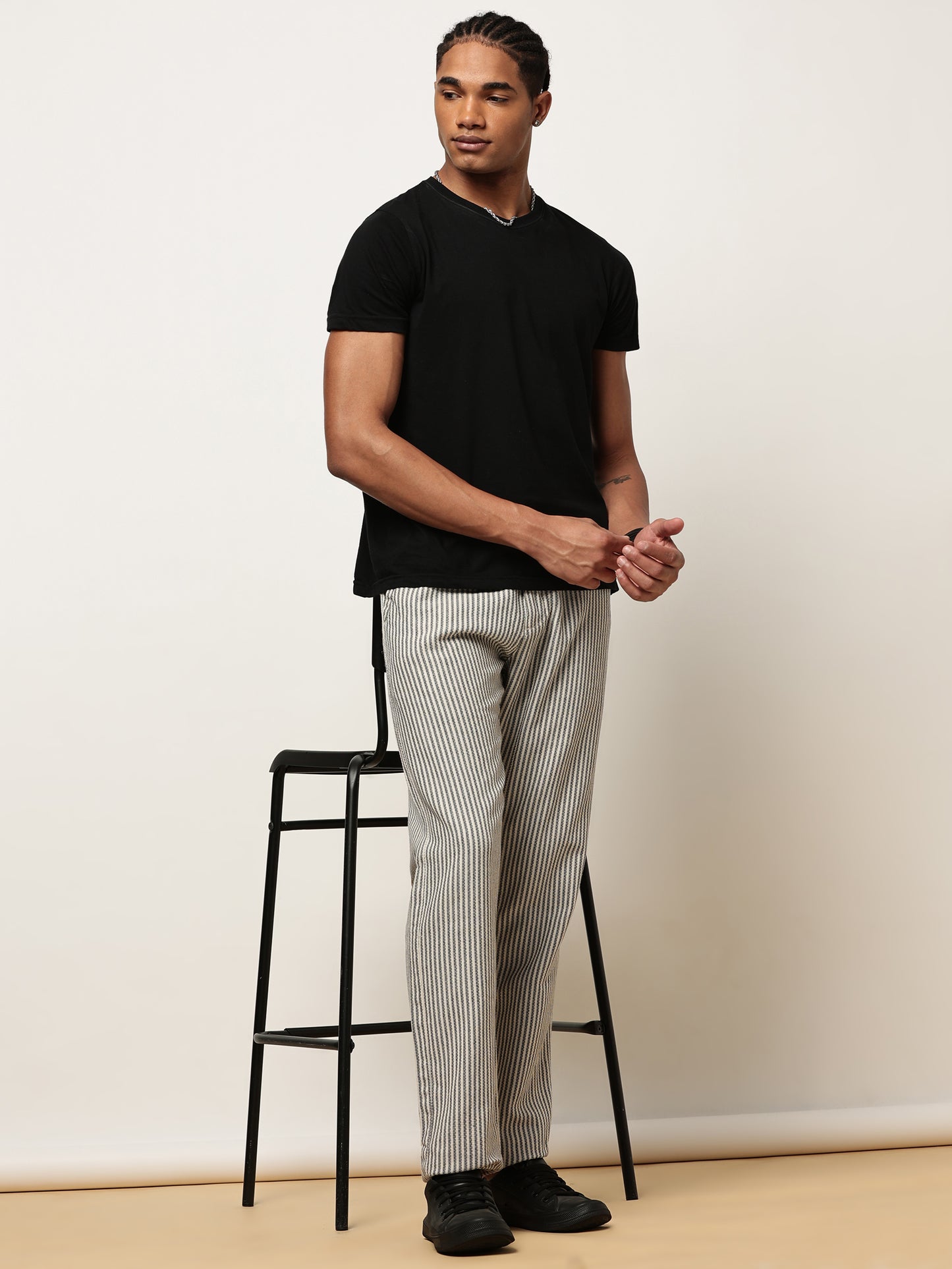 Yarn Dyed Stripe Elasticated Waist Black Lounge Pants