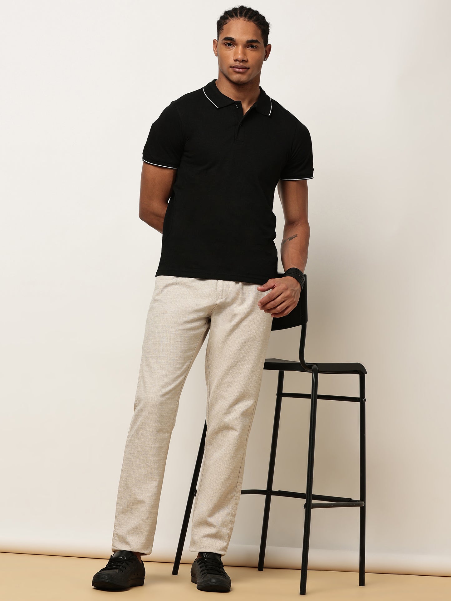 Yarn Dyed Elasticated  Waist Zip Pocket Beige Lounge Pants