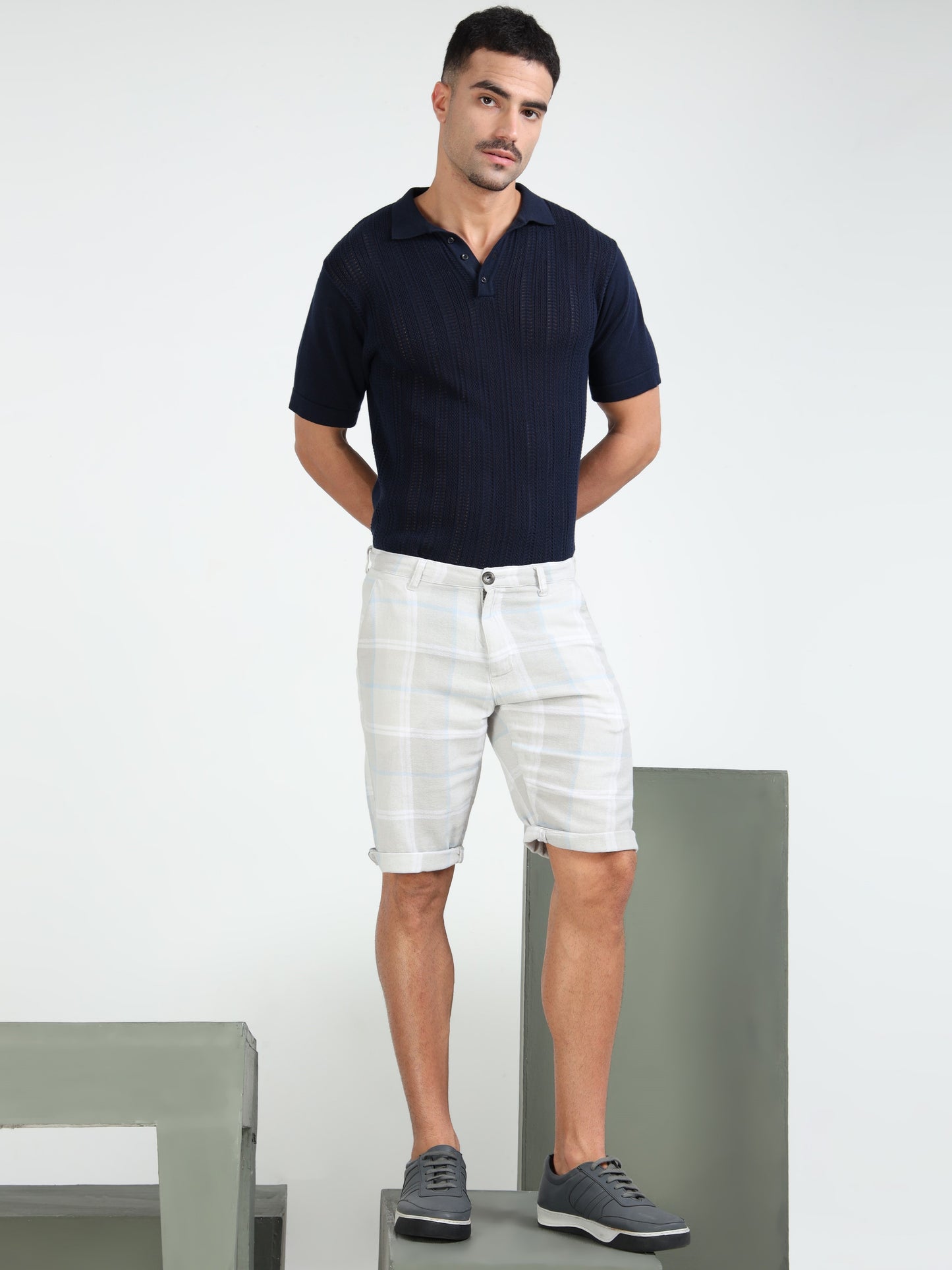 Grey Yarn Dyed Cotton Checkered Shorts.