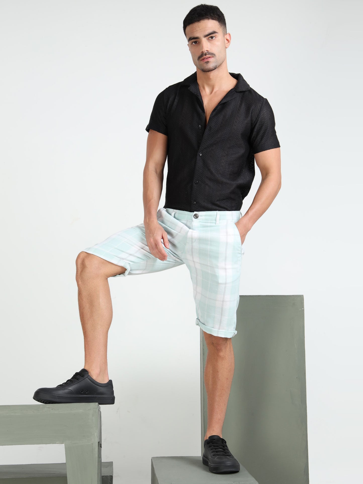 Green Yarn Dyed Cotton Checkered Shorts