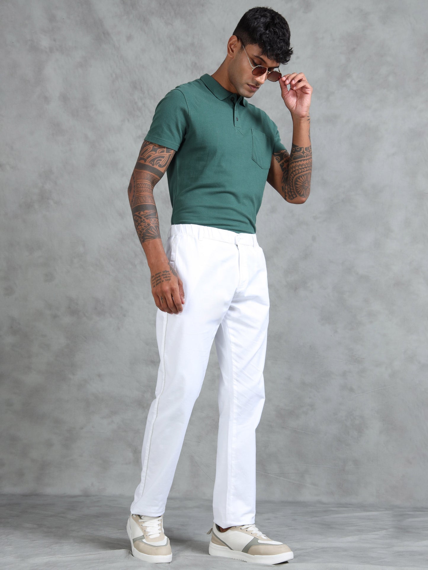 White Cotton Lycra Solid Pyjama