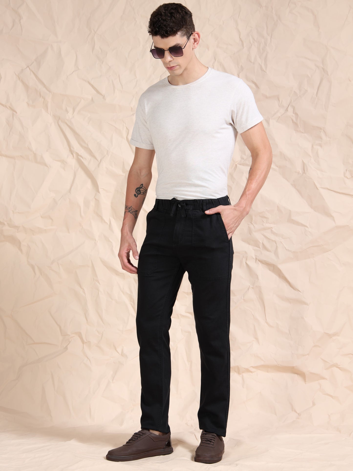 Black Denim Cotton Blend Solid Mid Rise Pyjama
