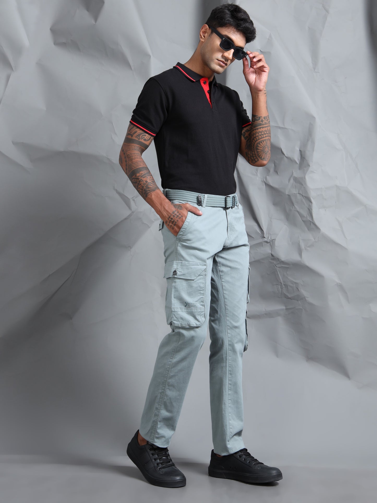 Cotton Lycra Steel Grey  Mid Rise Cargo Pant with 7 Pockets