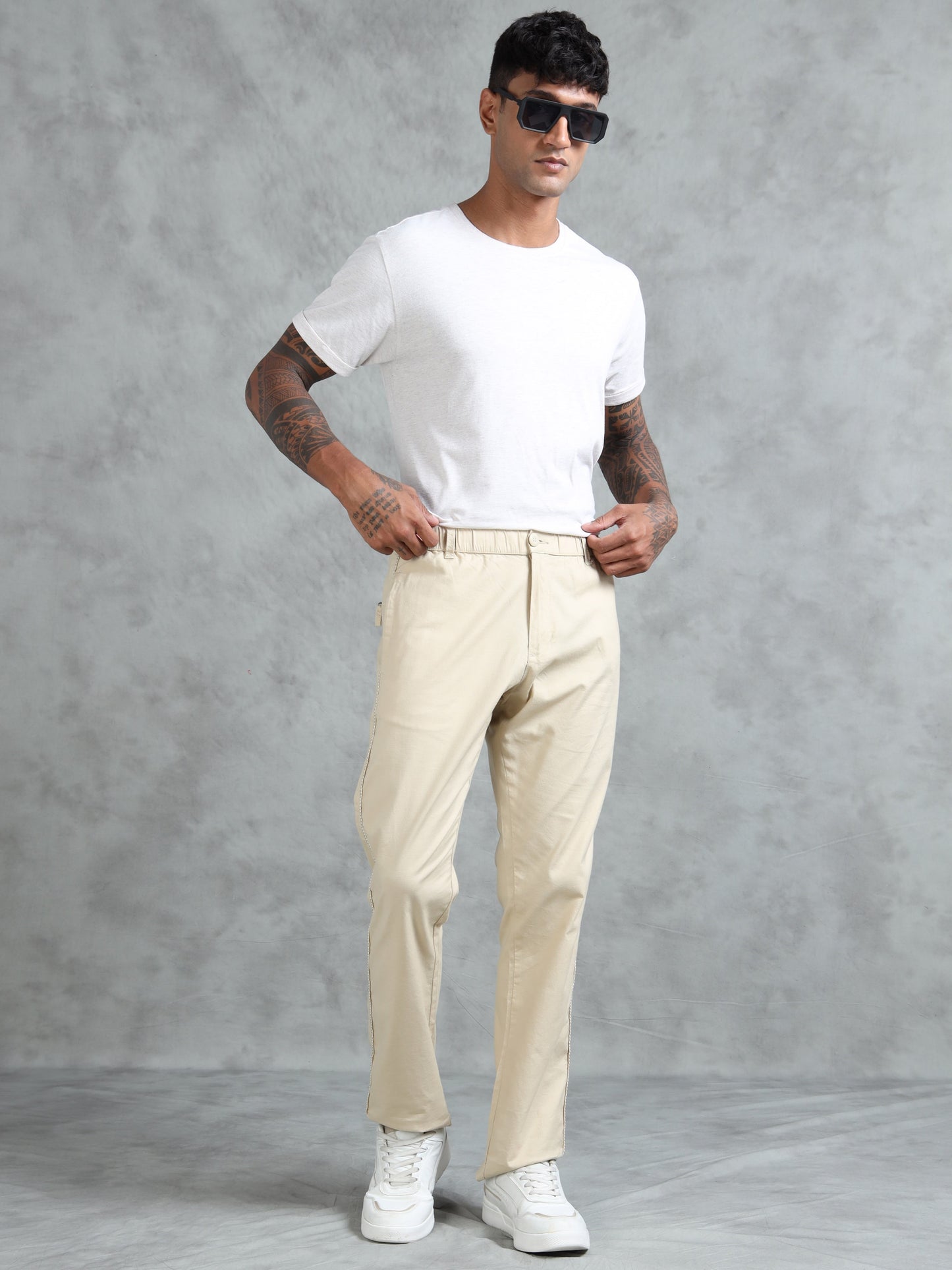 Beige Cotton Lycra Solid Pyjama