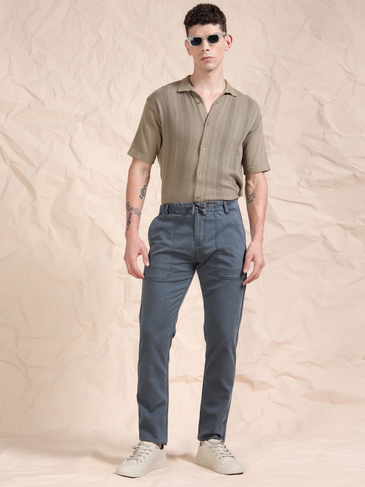 Grey Denim Cotton Blend Solid Mid Rise Pyjama