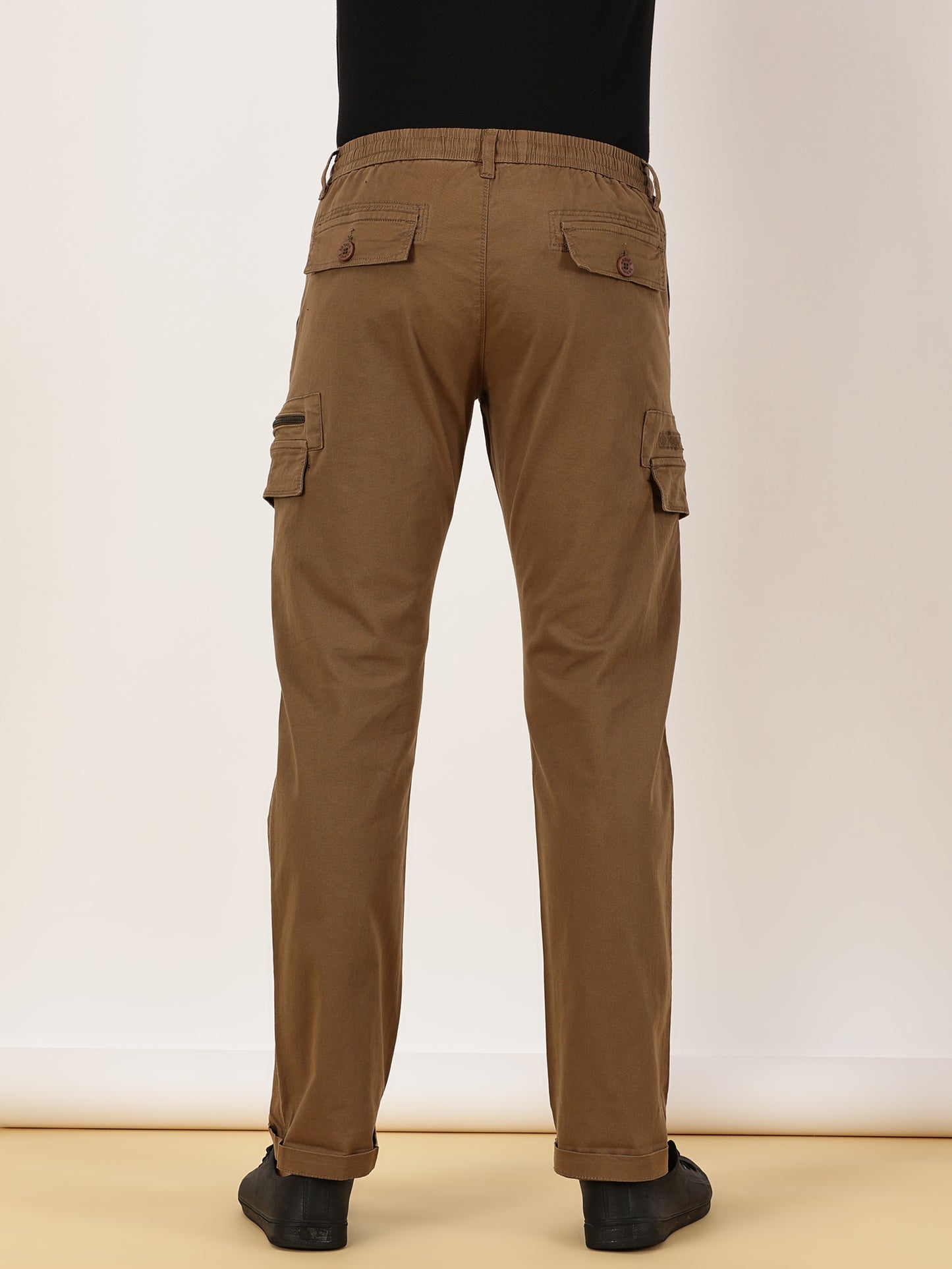 Elasticated Waist Multi Pocket Stretchable Brown Cargo