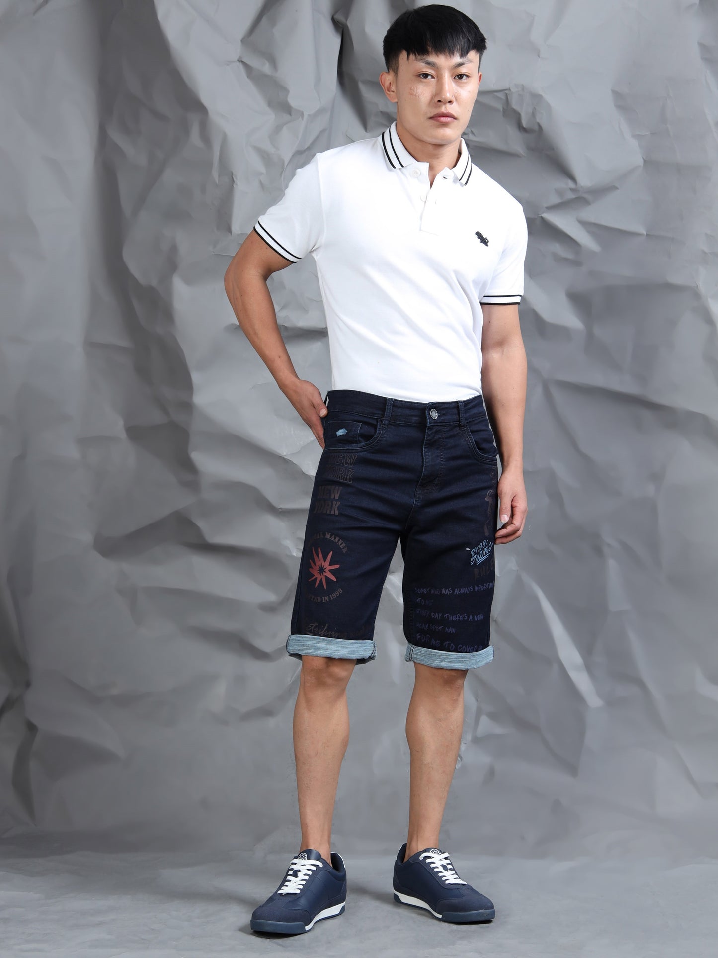 Cotton Navy Text Printed Casual Shorts