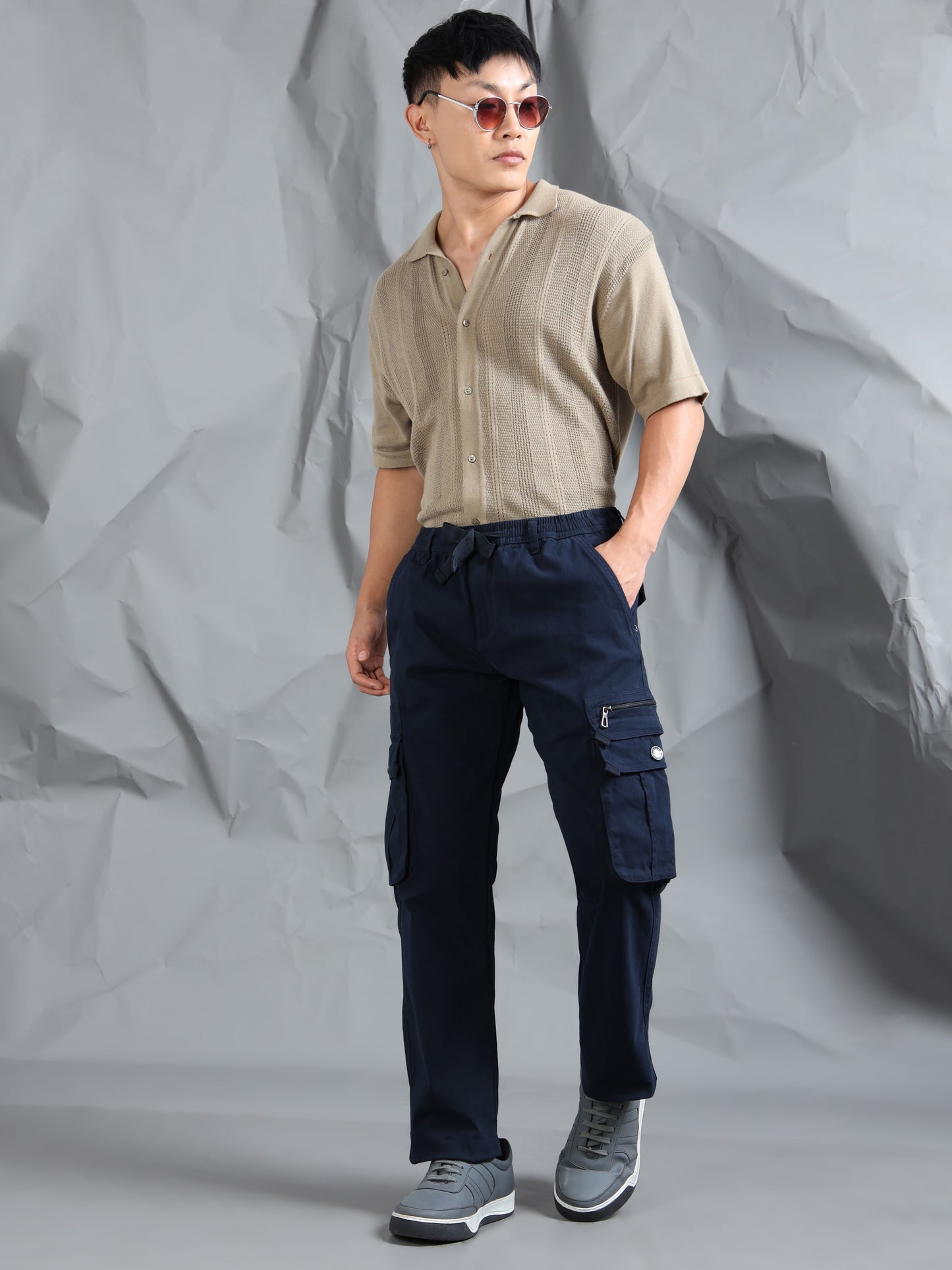 Cotton Lycra Navy Blue  Mid Rise Cargo Pant with 7 Pockets  Drawstring Closure