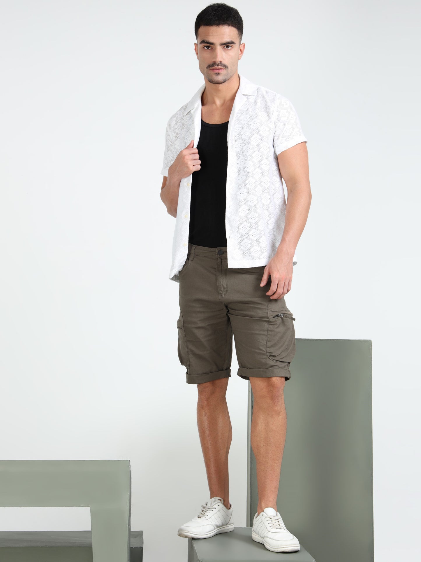 M Green Cotton Lycra Solid Shorts