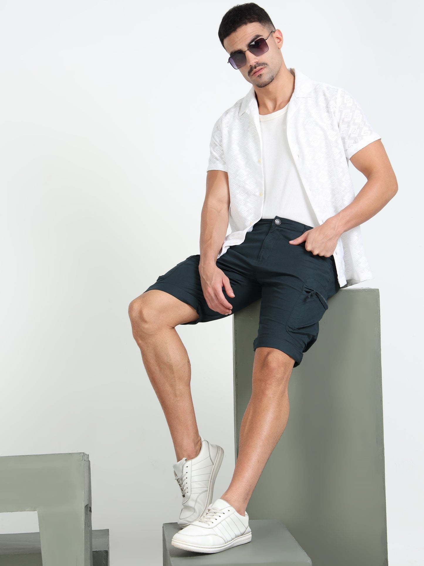 P Blue Cotton Lycra Solid Shorts