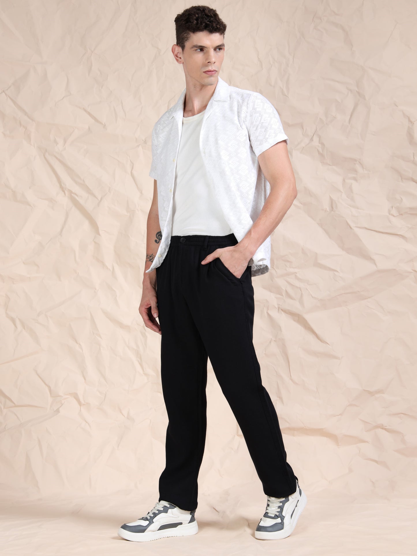 Black Cotton Linen Solid Mid Rise Pyjama