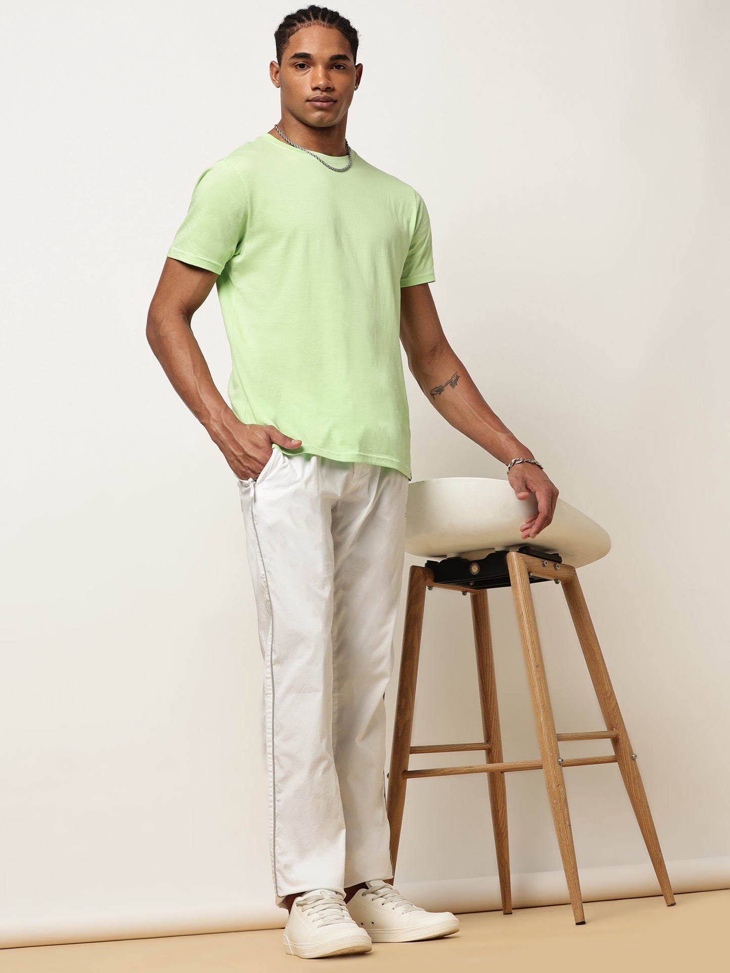 Elasticated Waist Zip Pocket Stretchable White Lounge Pants with Side Tape