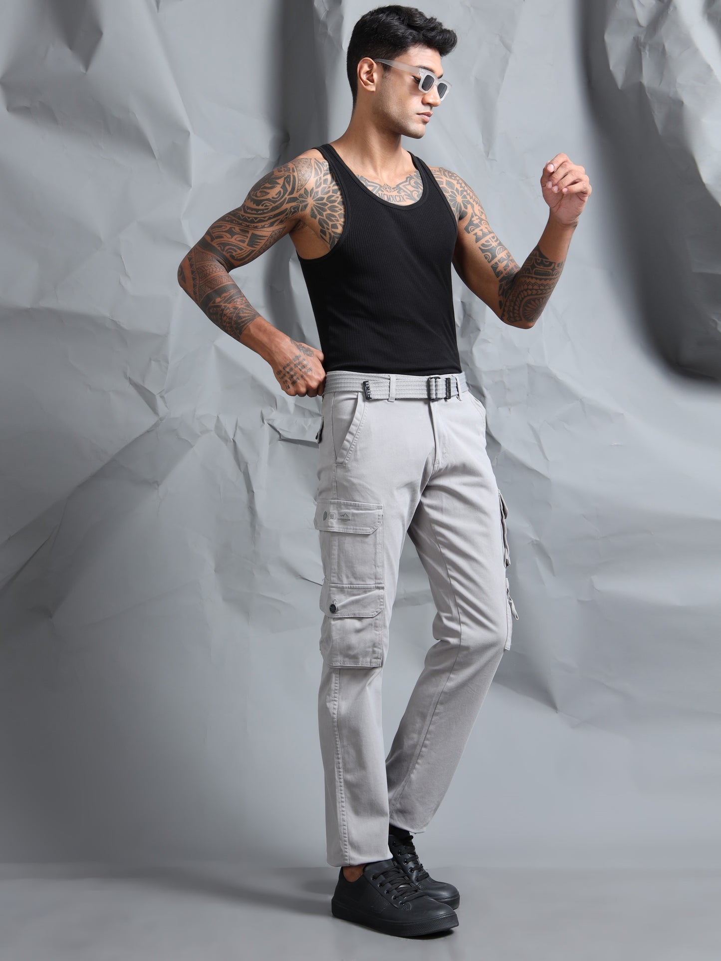 Cotton Lycra Light Grey  Cargo Pant with 8 Pockets