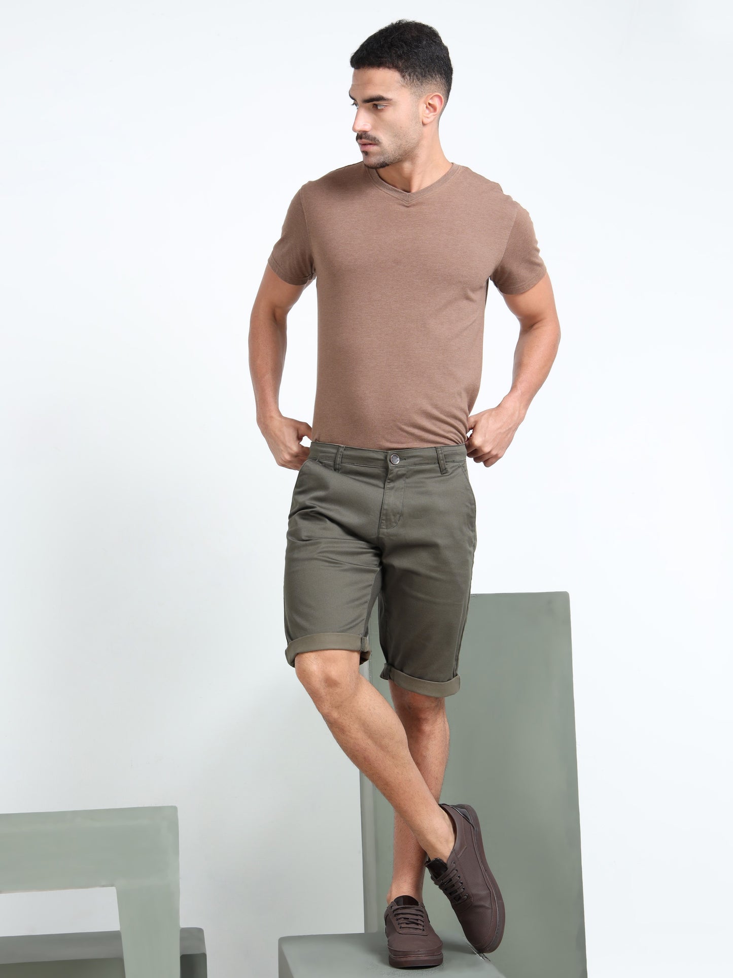 Printed Cotton Lycra Olive Shorts