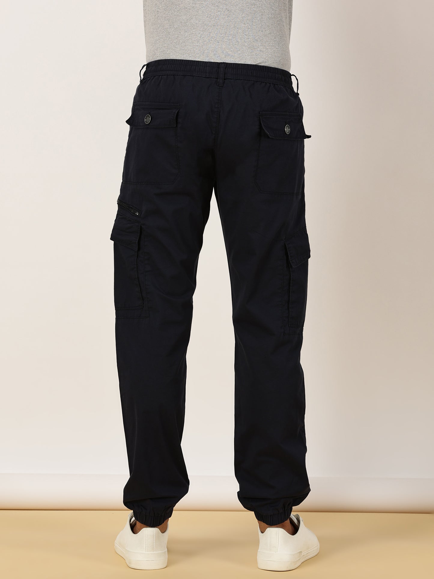 Elasticated Waist Zip Pocket Stretchable Navy Jogger Cargo