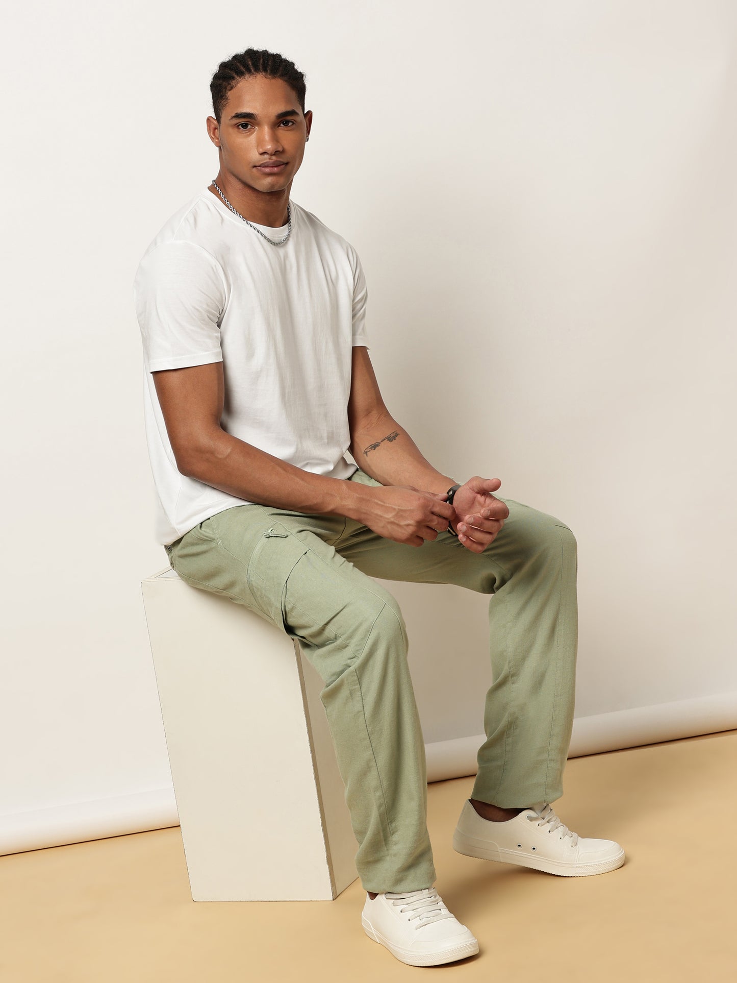 Linen Elasticated Waist Zip Pocket Green Lounge Pants
