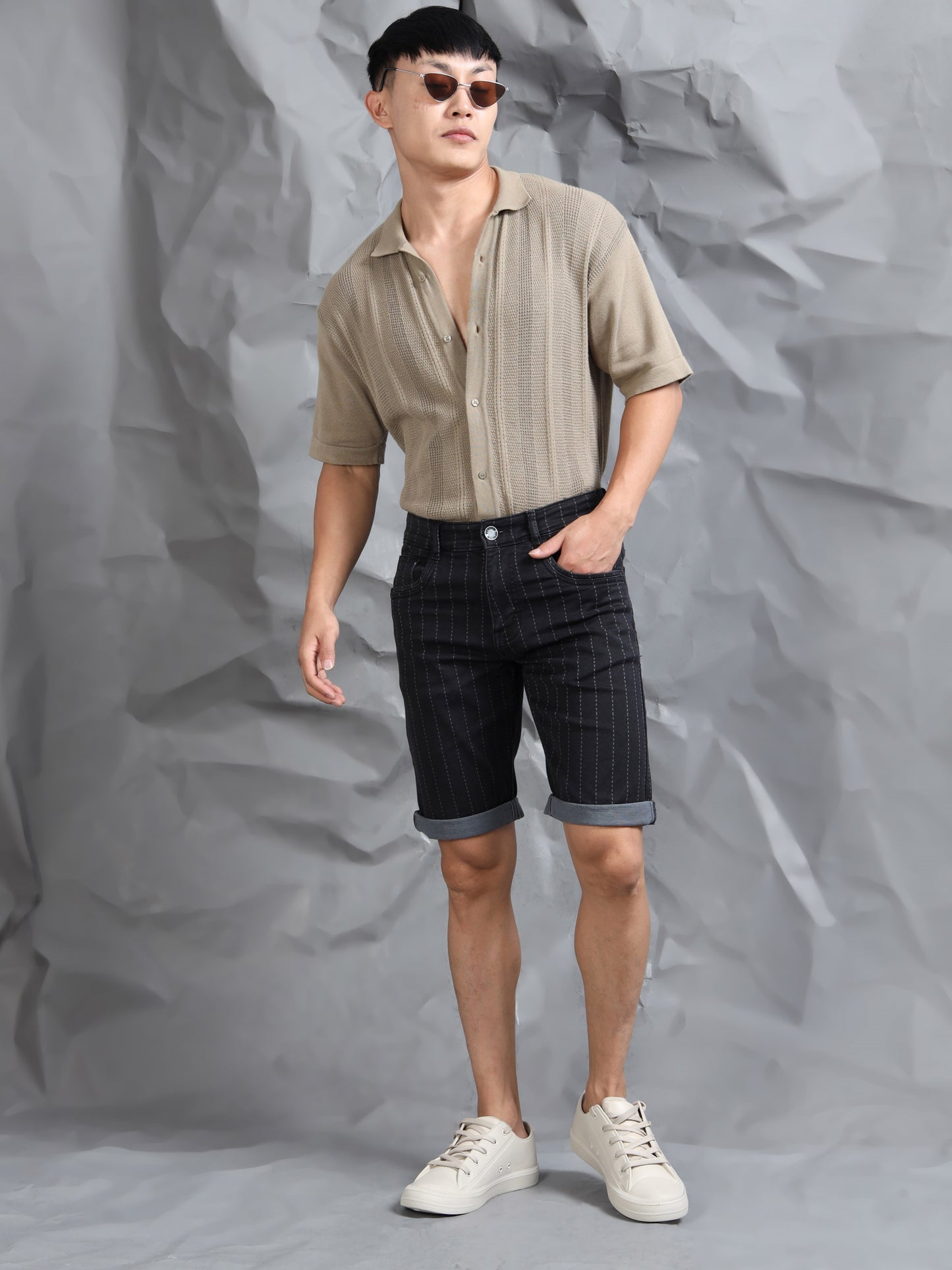 Black Striped Cotton Blend Denim Shorts