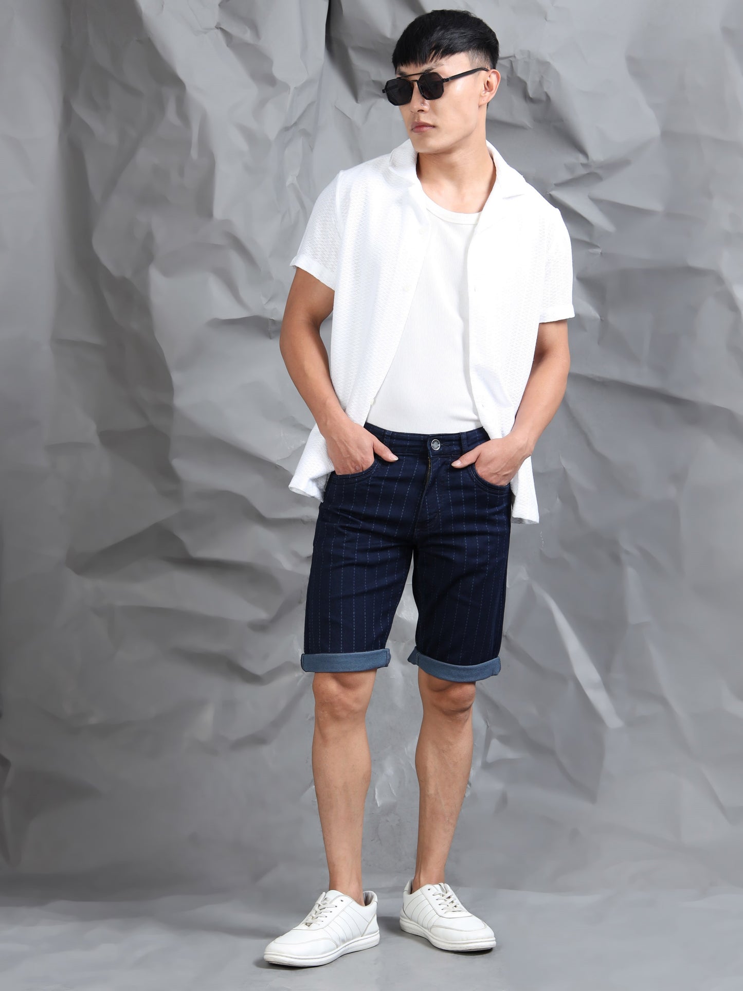 Indigo Striped Cotton Blend Denim Shorts