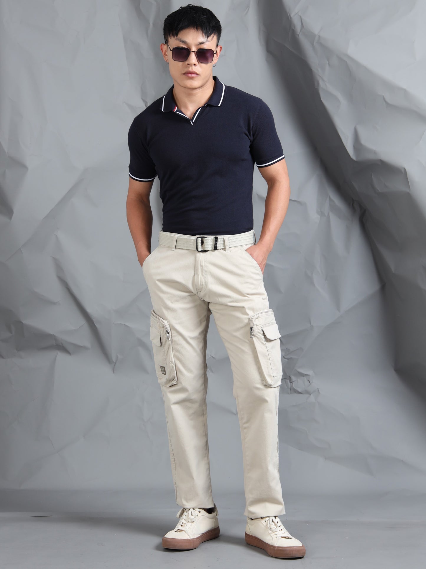 Cotton Lycra  Sand Mid Rise Cargo Pant with 8 Pockets