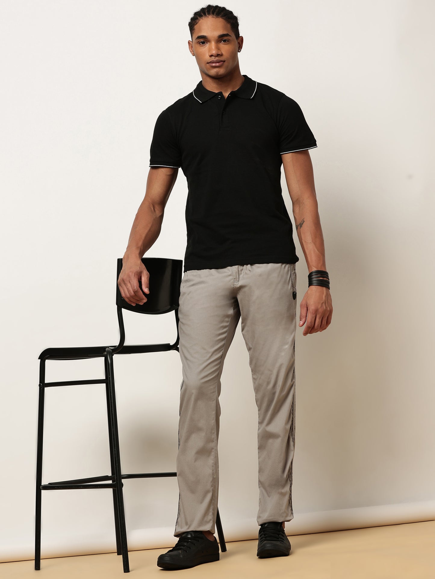 Elasticated Waist Zip Pocket Stretchable Light Grey Lounge Pants with Side Tape