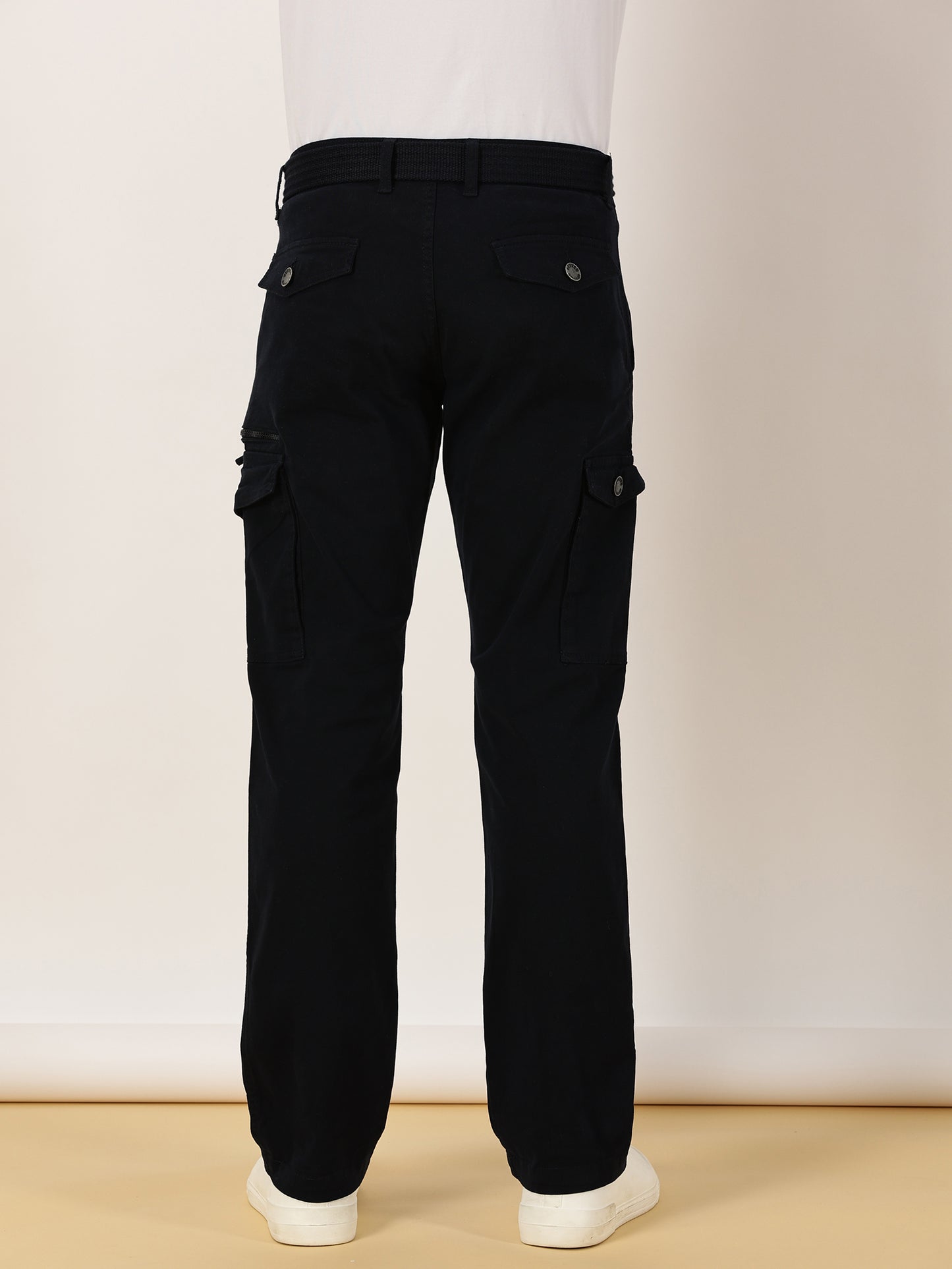 Zip Pocket Stretchable Navy Cargo With Belt