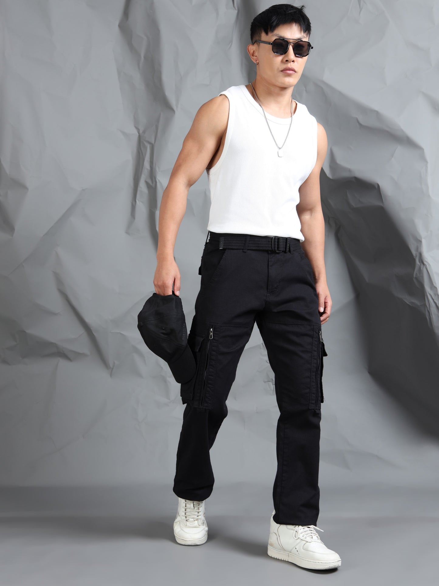 Cotton Lycra  Black Mid Rise Cargo Pant with 8 Pockets