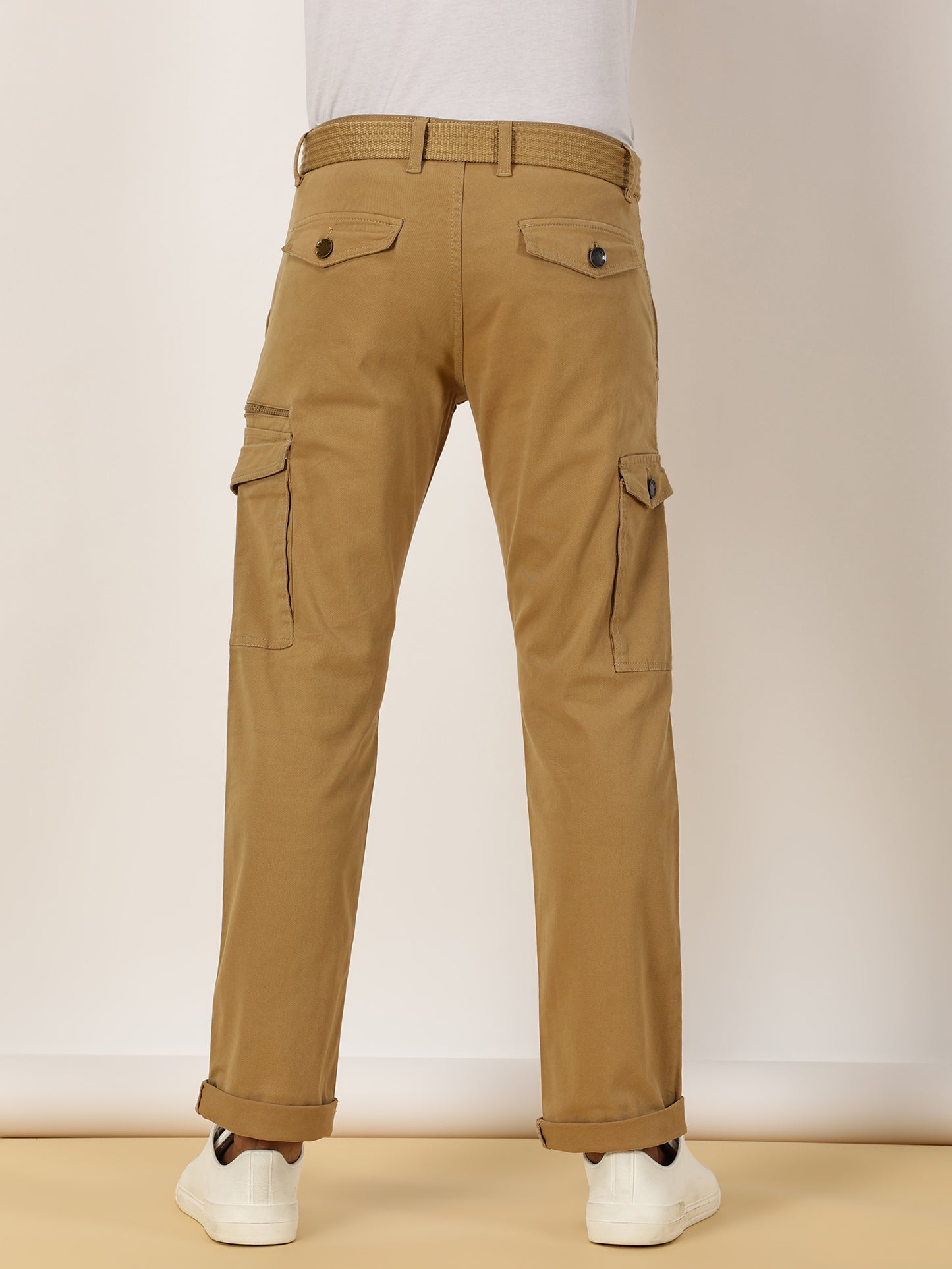Zip Pocket Stretchable Khaki Cargo With Belt