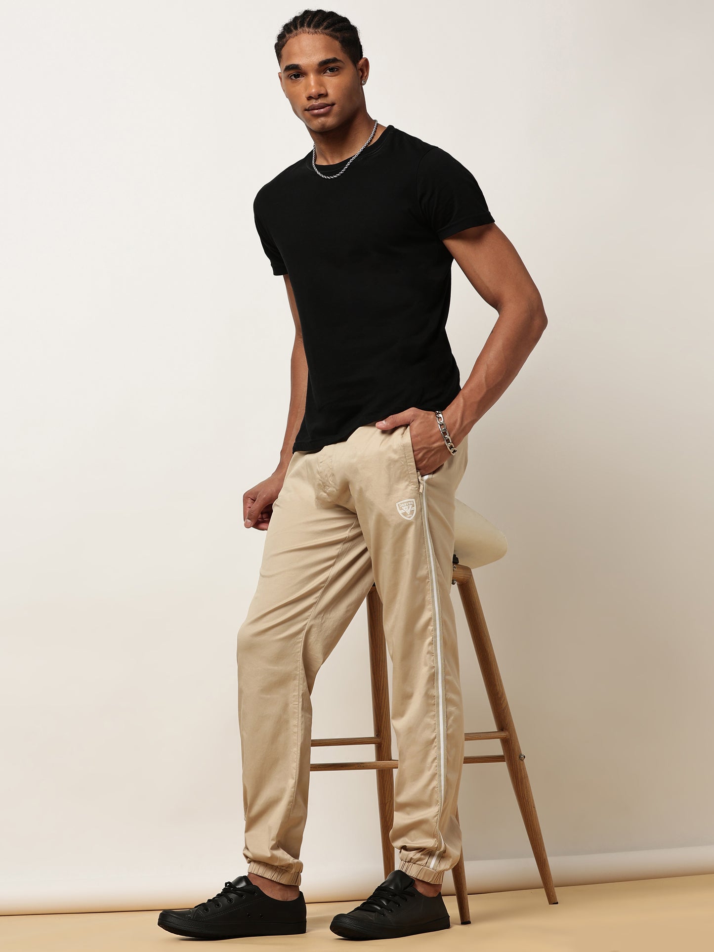 Beige Elasticated Waist Stretchable Jogger Lounge Pants With Side Tape