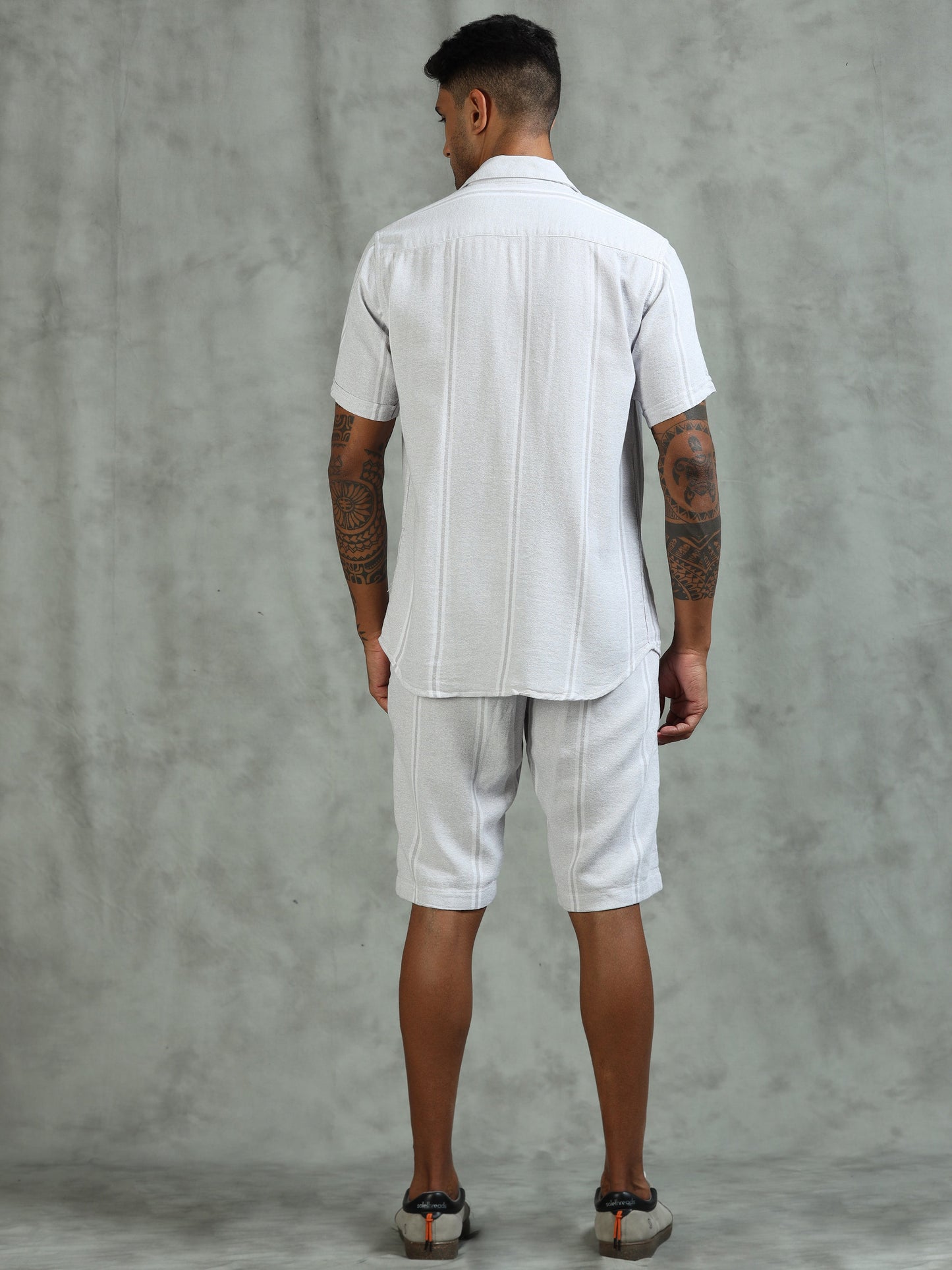 Striped Grey Regular Fit Knee-Length Casual Co-ord Set