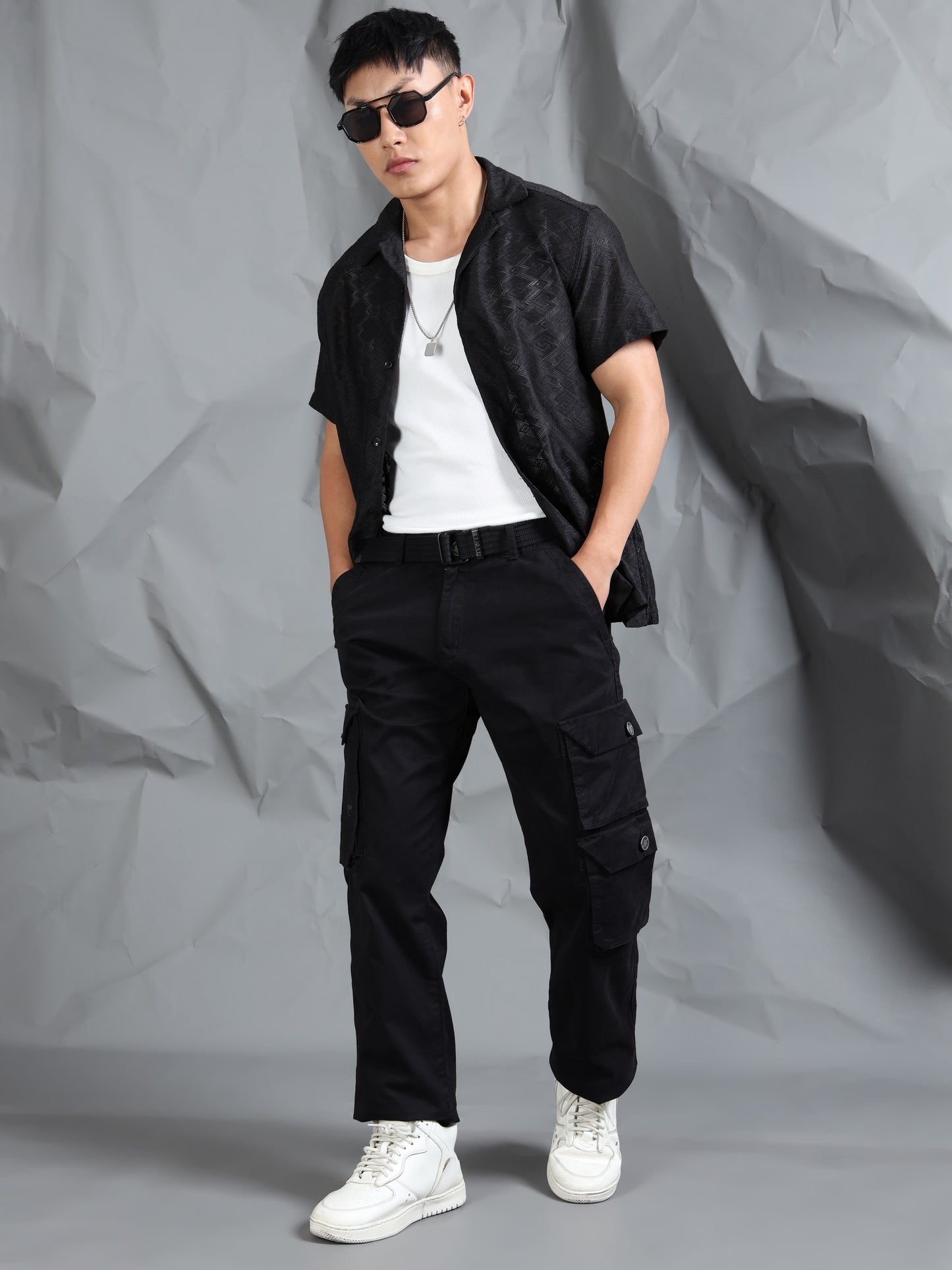 Cotton Lycra Black  Mid Rise Cargo Pant with 7 Pockets