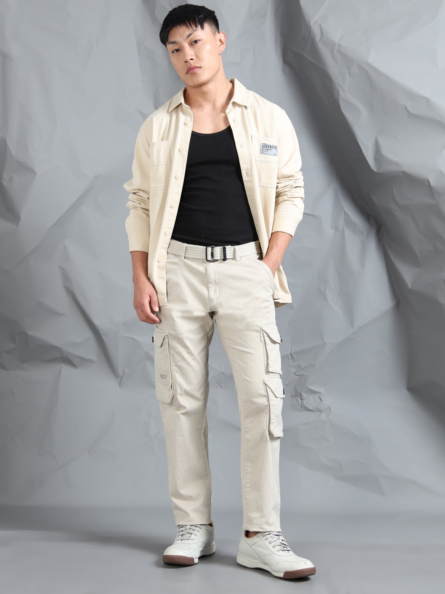 Cotton Lycra Sand  Mid Rise Cargo Pant with 7 Pockets