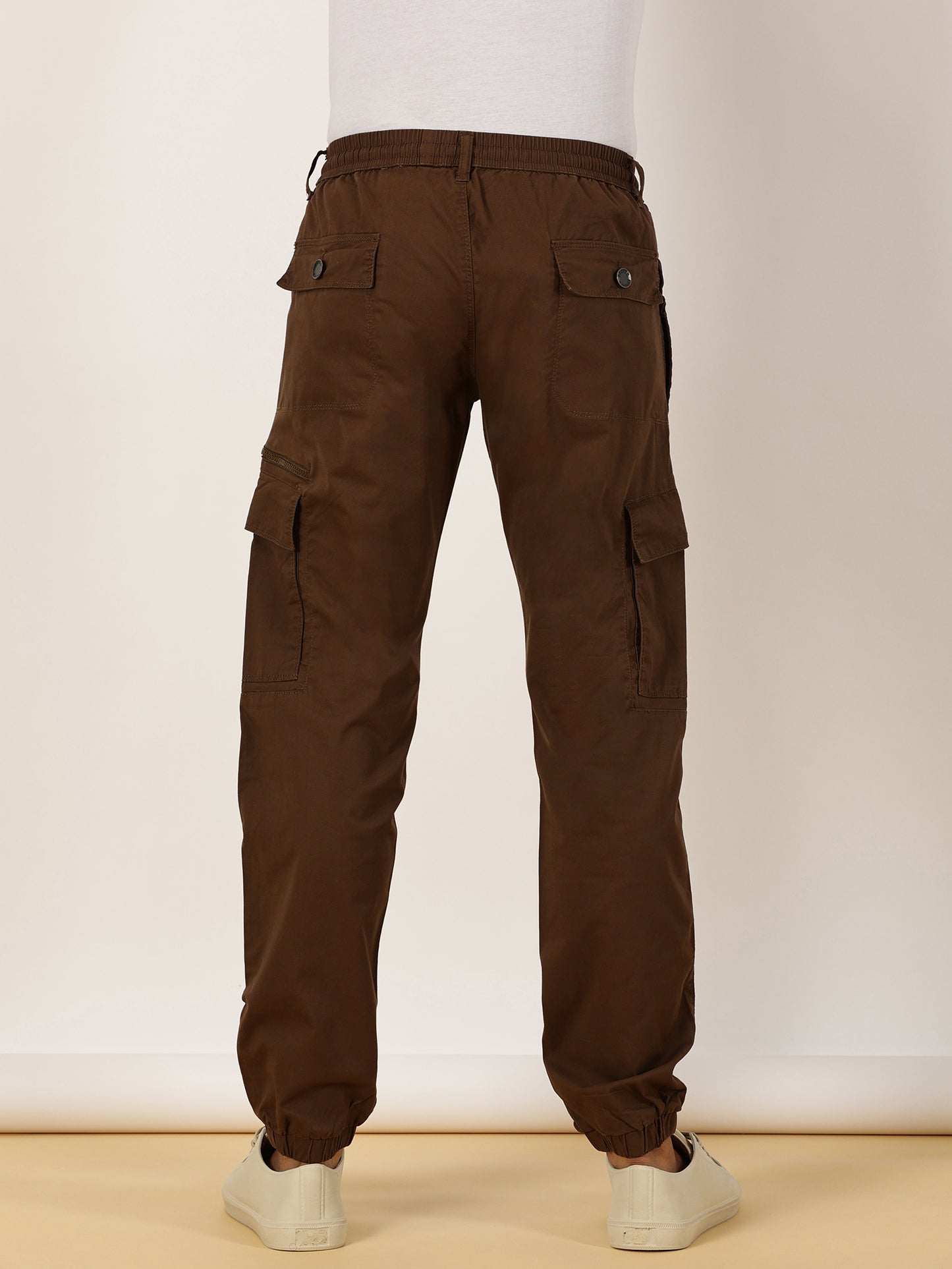 Elasticated Waist Zip Pocket Stretchable Brown Jogger Cargo