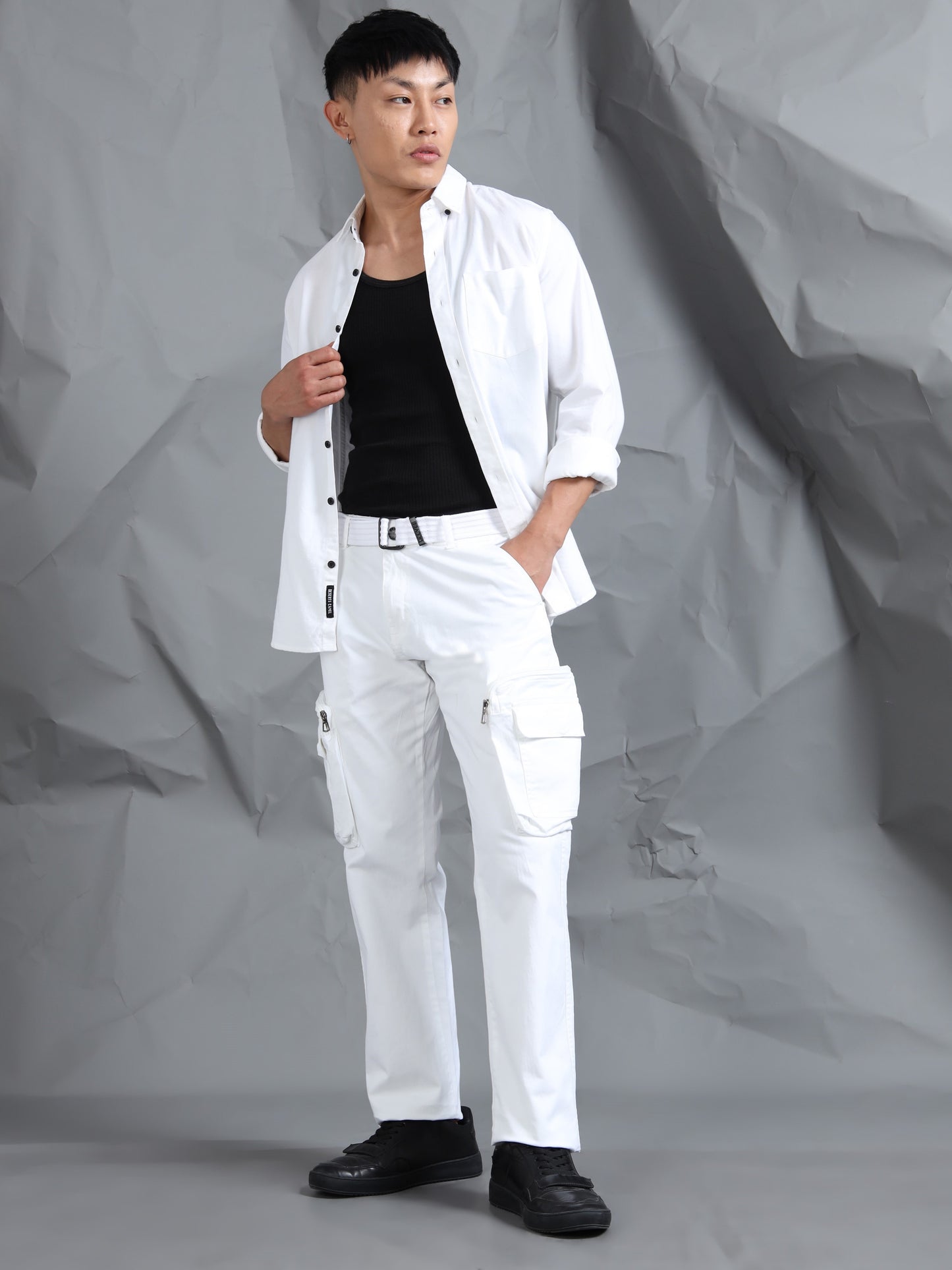 Cotton Lycra  White Mid Rise Cargo Pant with 8 Pockets