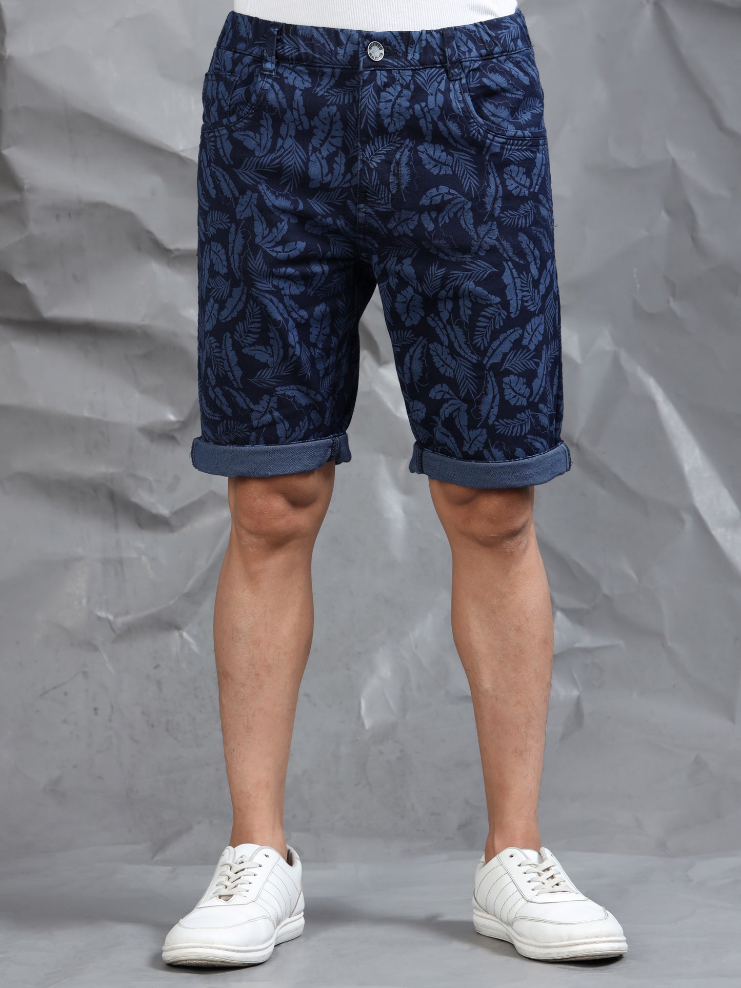 Men's Indigo Printed Cotton Lycra Mid-Rise Casual Shorts