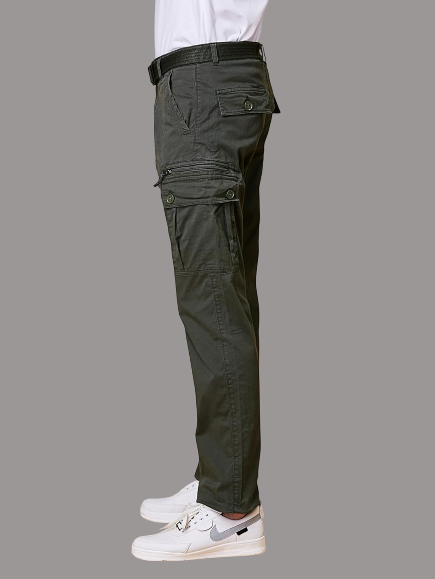Multi Pocket Stretchable Olive Cargo With Belt
