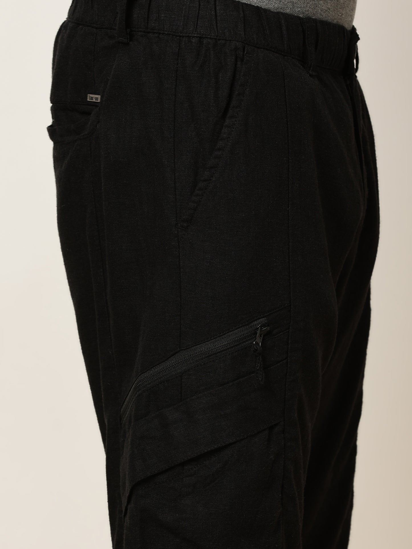 Linen Elasticated Waist Zip Pocket Black Lounge Pants