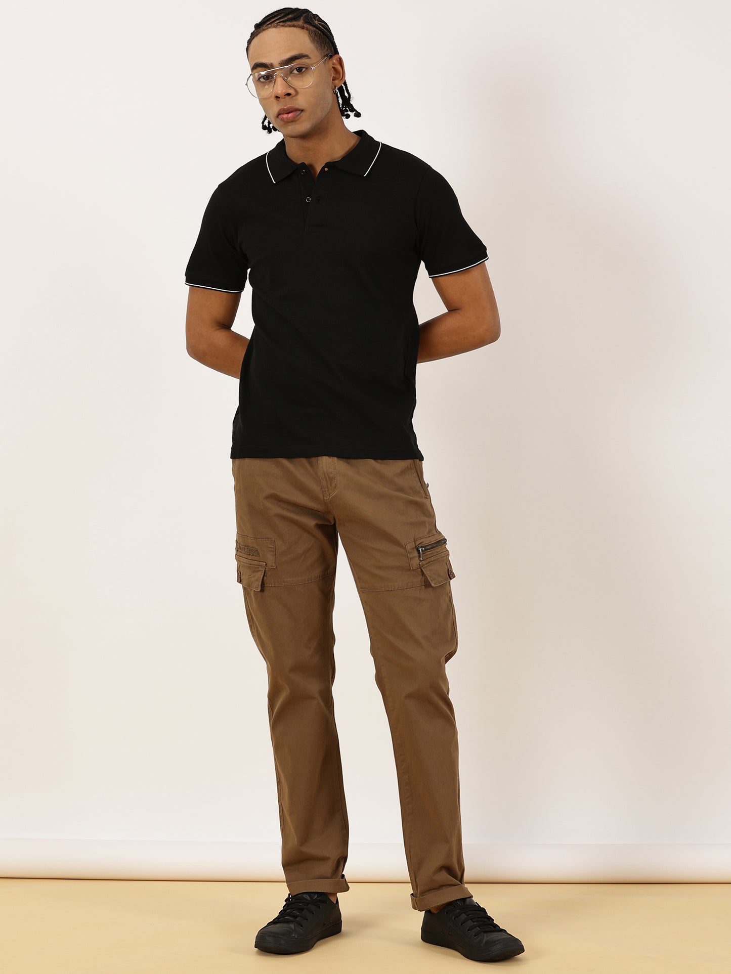 Elasticated Waist Multi Pocket Stretchable Brown Cargo